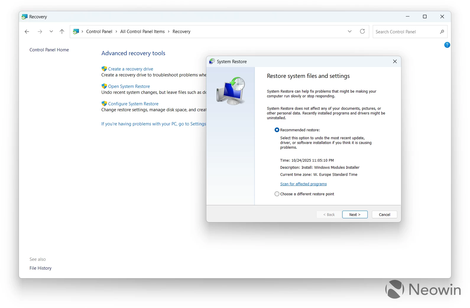 Legacy Control Panel in Windows 11