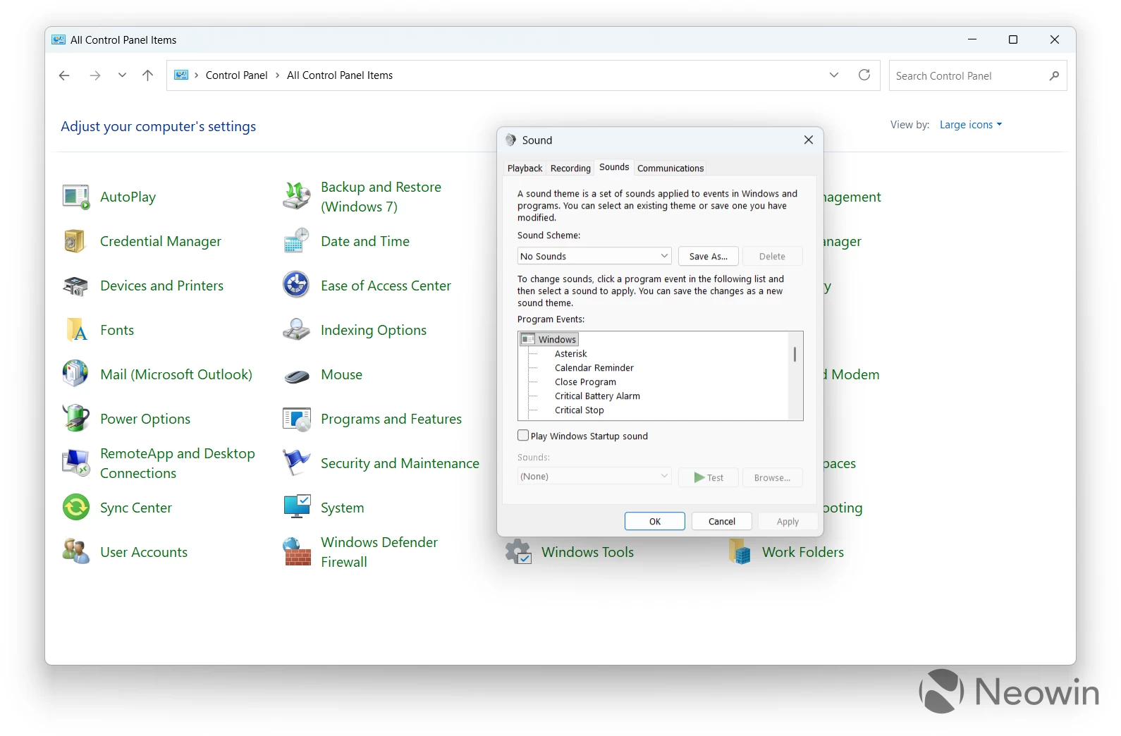 Control Panel and Sound Settings in Windows 11